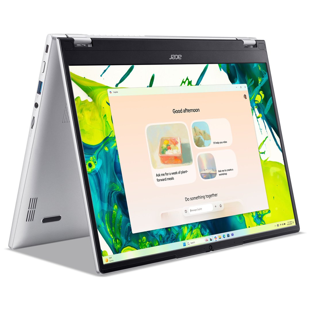 Acer Aspire Spin 14" 2-in-1 laptop in tent mode displaying a welcome screen
