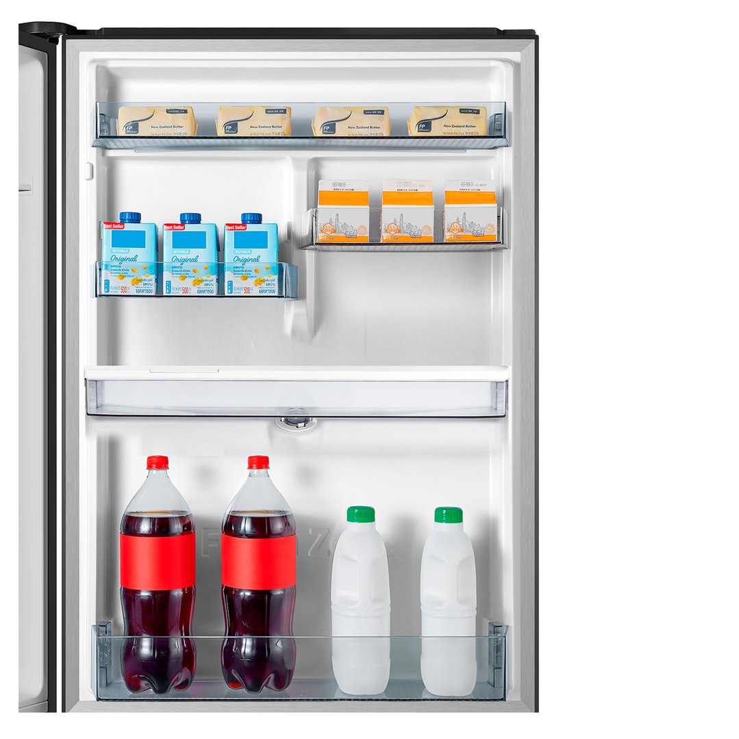 Open fridge door showing various food and drink items on shelves