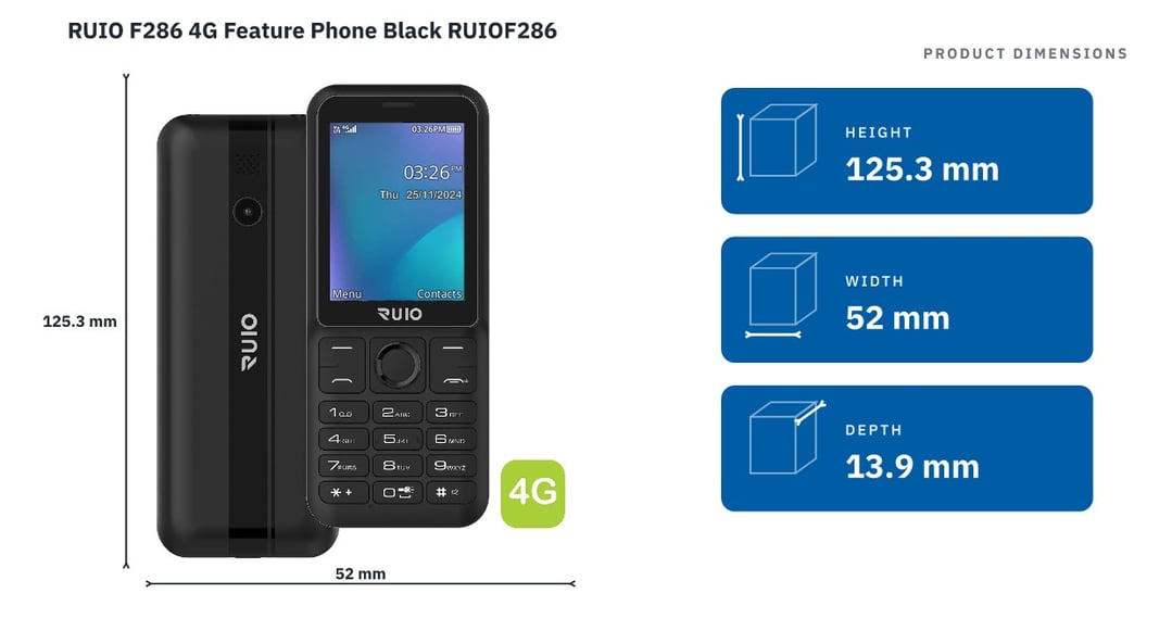 RUIO F286 4G Feature Phone Black RUIOF286 — product dimensions