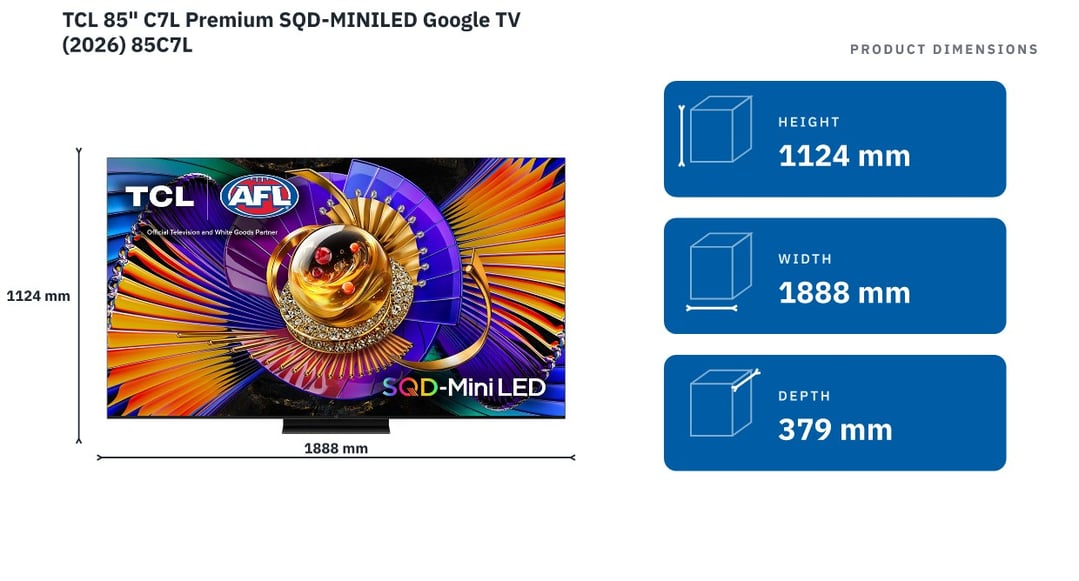 TCL 85" C7L Premium SQD-MINILED Google TV (2026) 85C7L — product dimensions
