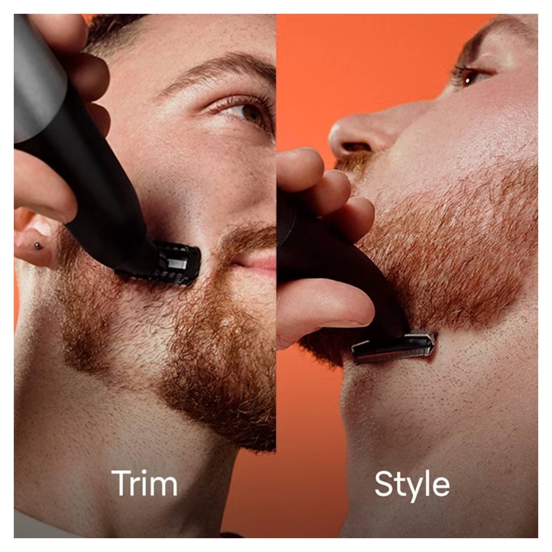 Two men using a hybrid trimmer to trim and style their beards