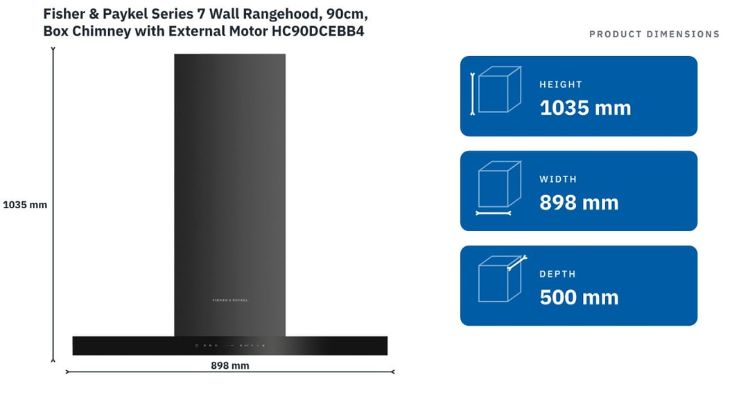 Fisher & Paykel Series 7 Wall Rangehood, 90cm, Box Chimney with External Motor HC90DCEBB4 — product dimensions
