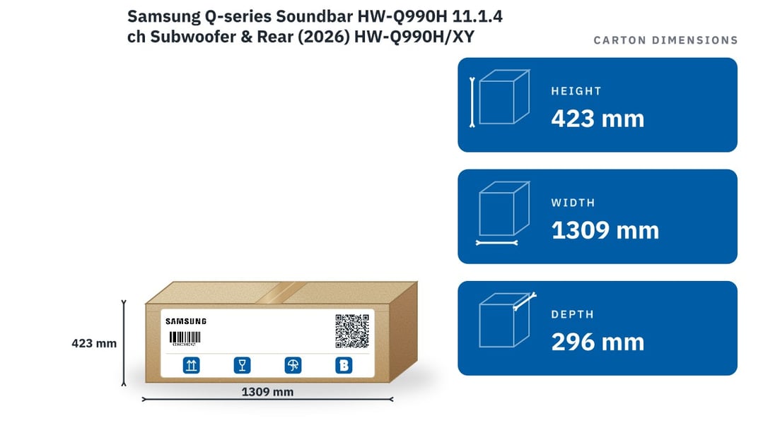 Samsung Q-series Soundbar HW-Q990H 11.1.4 ch Subwoofer & Rear (2026) HW-Q990H/XY — packaged dimensions