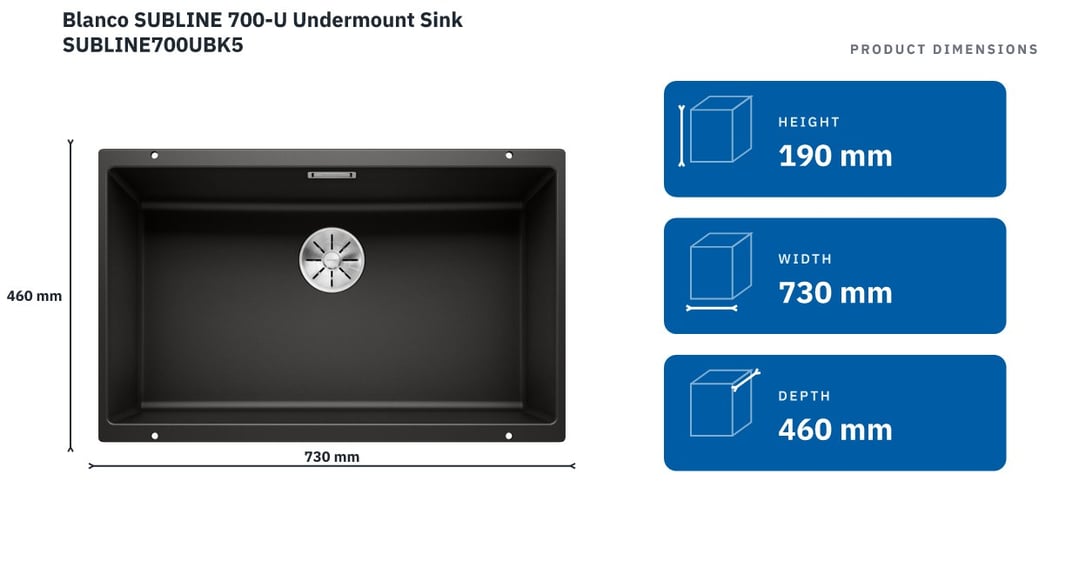 Blanco SUBLINE 700-U Undermount Sink SUBLINE700UBK5 — product dimensions