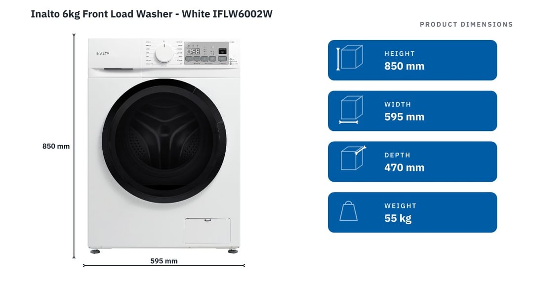 Inalto 6kg Front Load Washer - White IFLW6002W — product dimensions