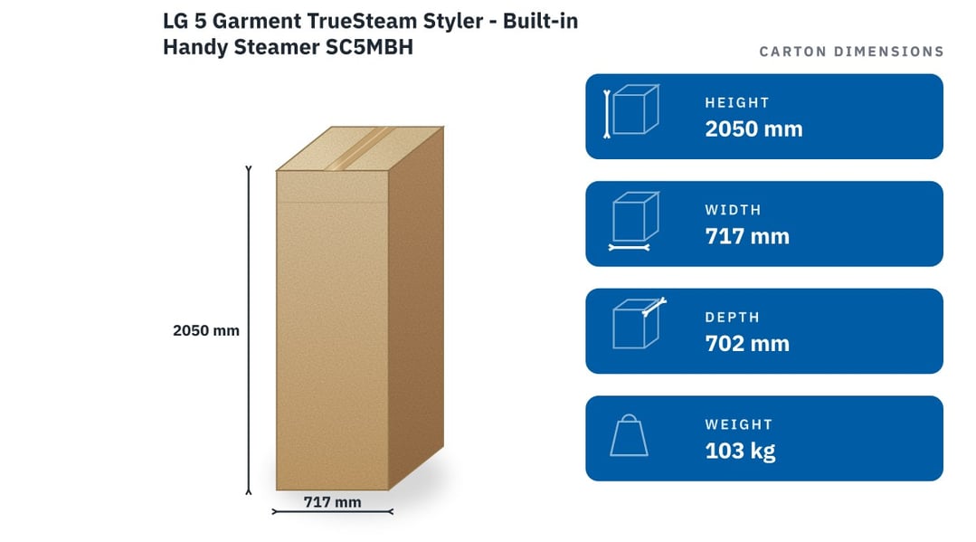 LG 5 Garment TrueSteam Styler - Built-in Handy Steamer SC5MBH — packaged dimensions