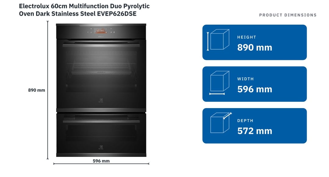 Electrolux 60cm Multifunction Duo Pyrolytic Oven Dark Stainless Steel EVEP626DSE — product dimensions