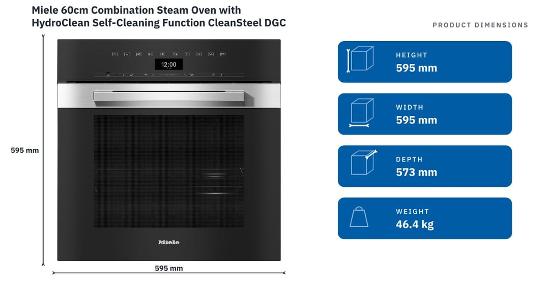Miele 60cm Combination Steam Oven with HydroClean Self-Cleaning Function CleanSteel DGC7460HCPROCLST — product dimensions
