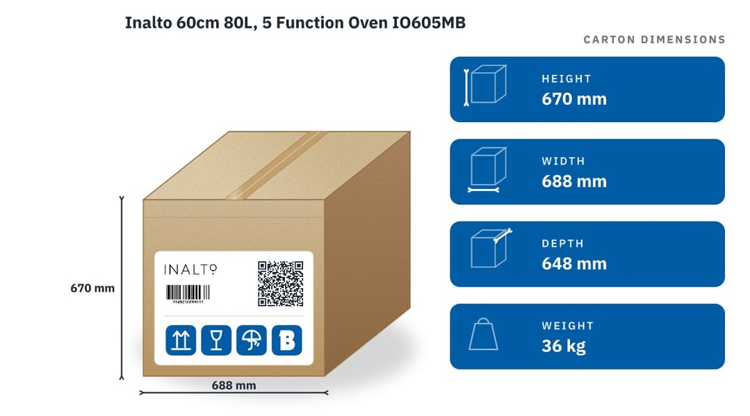 Inalto 60cm 80L, 5 Function Oven IO605MB — packaged dimensions