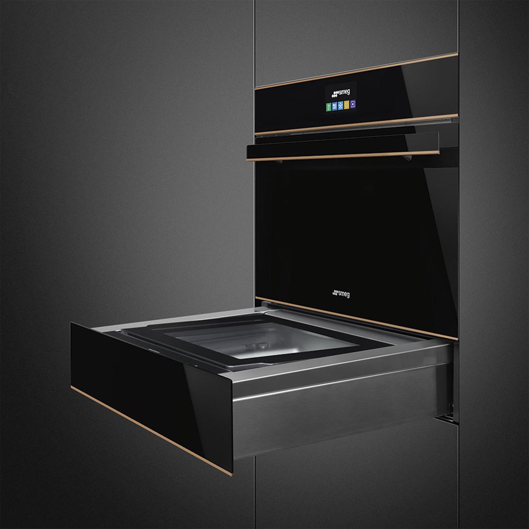 Smeg 15cm Dolce Stil Novo Sous-vide + Vacuum Drawer in a dark kitchen setting