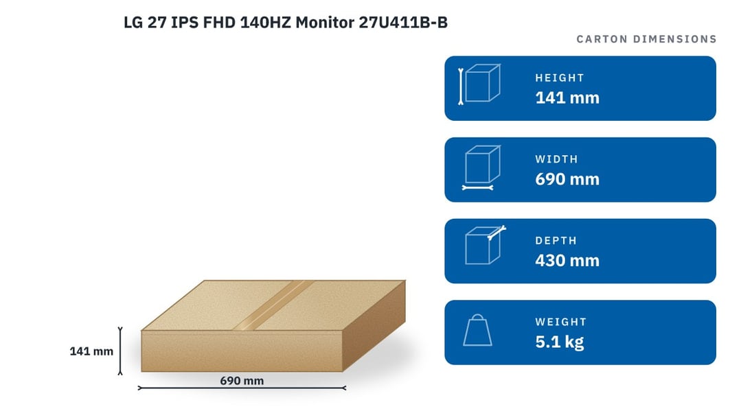 LG 27 IPS FHD 140HZ Monitor 27U411B-B — packaged dimensions