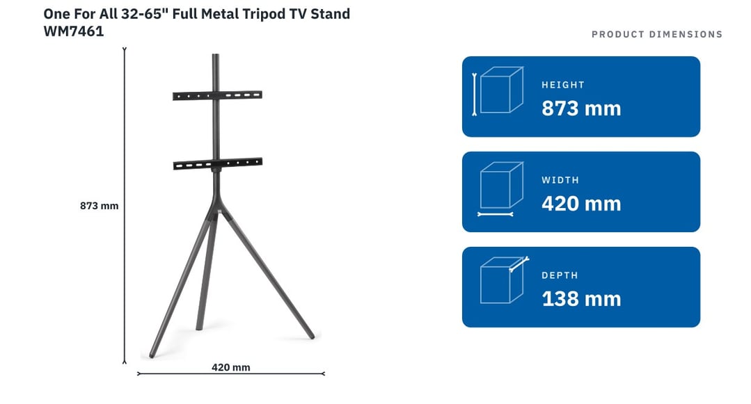 One For All 32-65" Full Metal Tripod TV Stand WM7461 — product dimensions