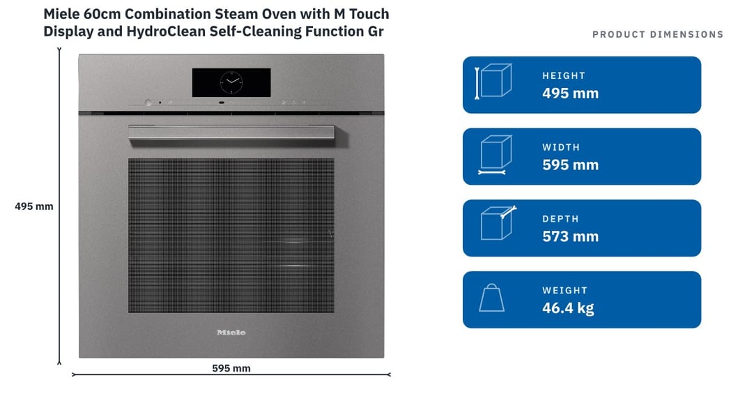 Miele 60cm Combination Steam Oven with M Touch Display and HydroClean Self-Cleaning Function Graphite Grey DGC7860HCPROGRGR — product dimensions