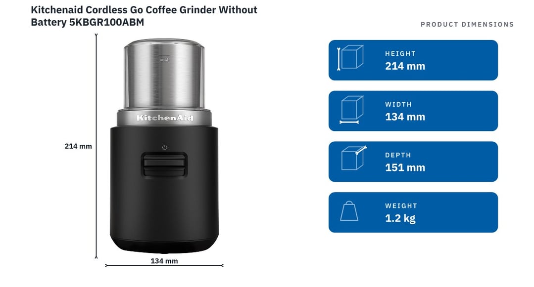 Kitchenaid Cordless Go Coffee Grinder Without Battery 5KBGR100ABM — product dimensions