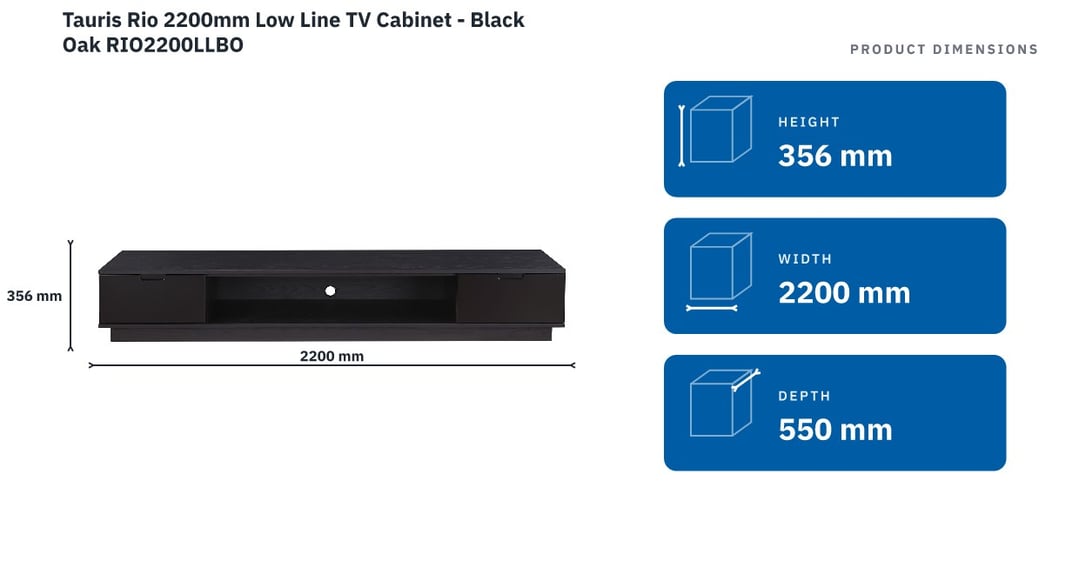 Tauris Rio 2200mm Low Line TV Cabinet - Black Oak RIO2200LLBO — product dimensions