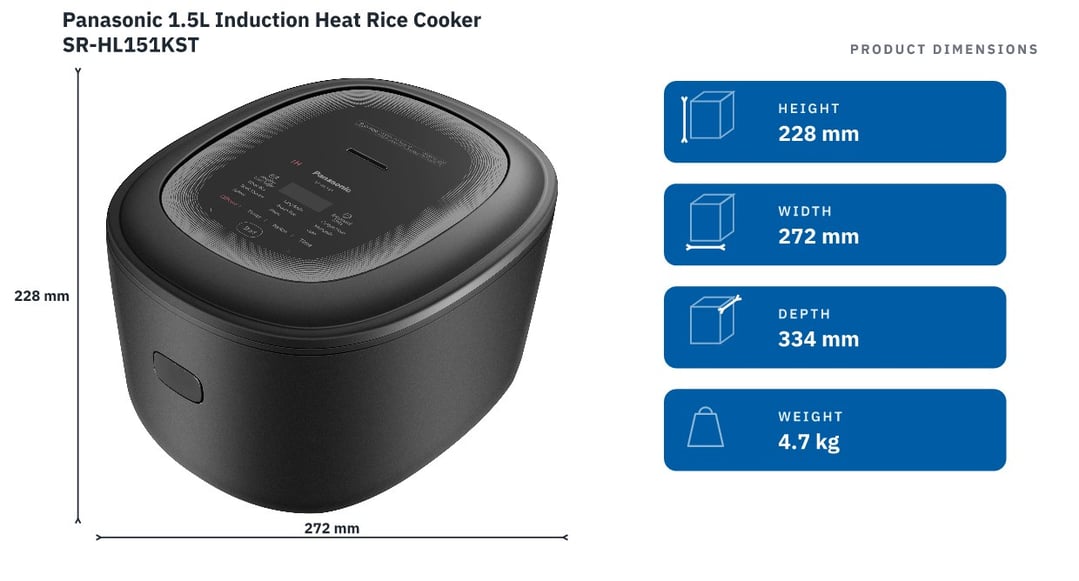 Panasonic 1.5L Induction Heat Rice Cooker SR-HL151KST — product dimensions