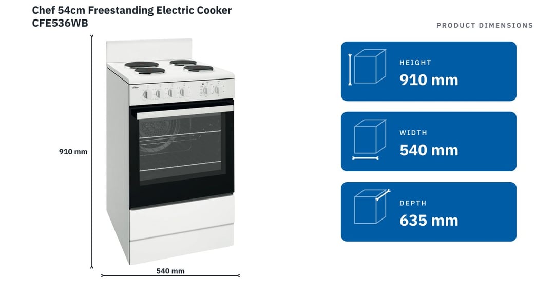 Chef 54cm Freestanding Electric Cooker CFE536WB — product dimensions