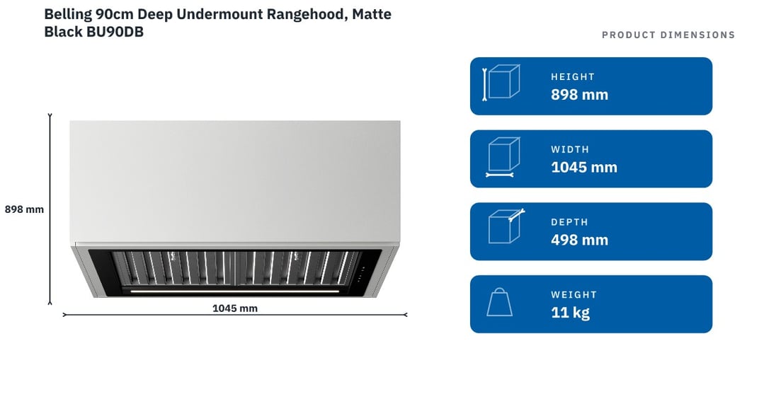 Belling 90cm Deep Undermount Rangehood, Matte Black BU90DB — product dimensions