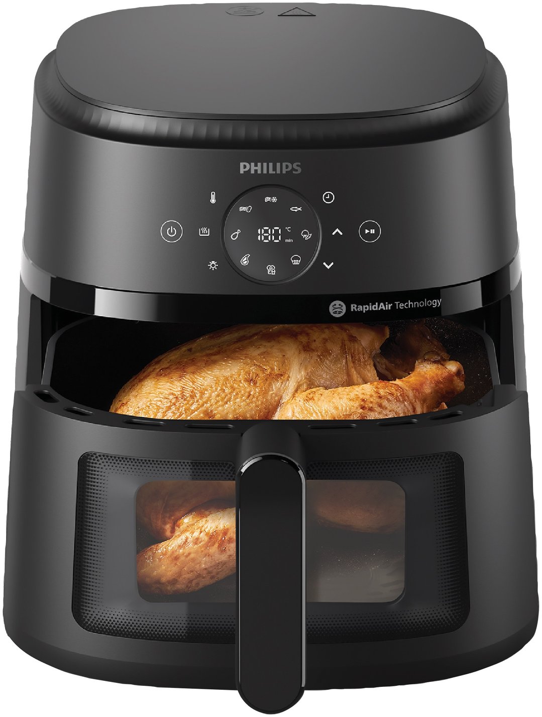Black Philips airfryer with a whole roasted chicken inside, on a white background