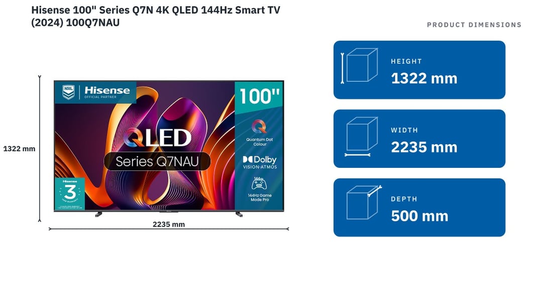Hisense 100" Series Q7N 4K QLED 144Hz Smart TV (2024) 100Q7NAU — product dimensions