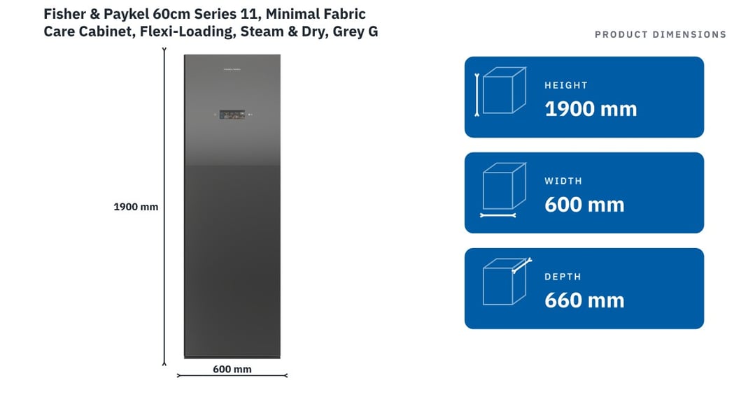 Fisher & Paykel 60cm Series 11, Minimal Fabric Care Cabinet, Flexi-Loading, Steam & Dry, Grey Glass FC1260FZB2 — product dimensions