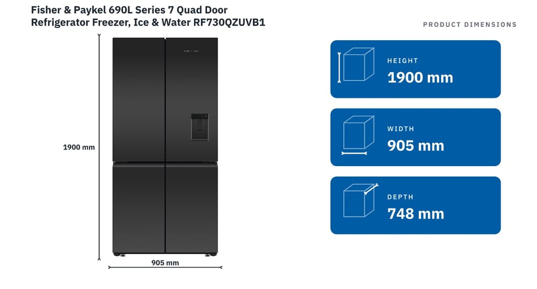 Fisher & Paykel 690L Series 7 Quad Door Refrigerator Freezer, Ice & Water RF730QZUVB1 — product dimensions