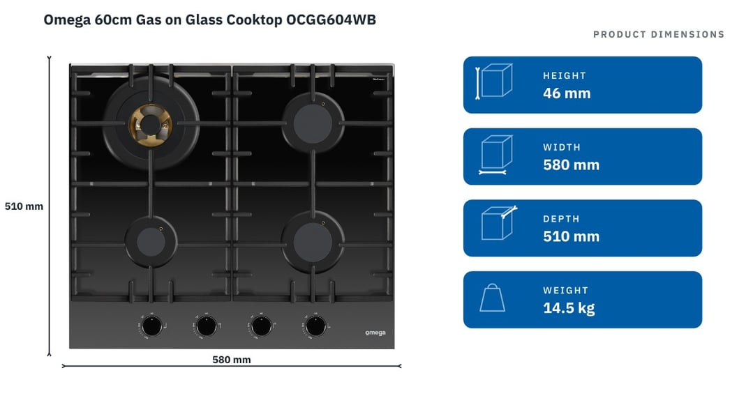 Omega 60cm Gas on Glass Cooktop OCGG604WB — product dimensions