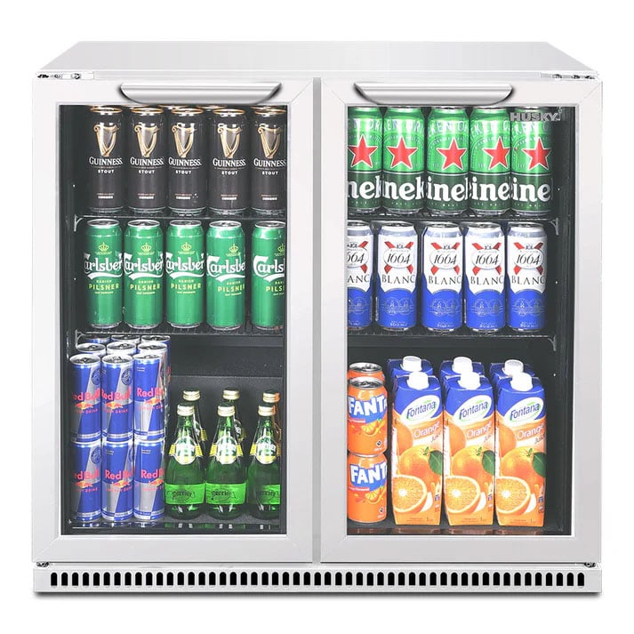 White double door drinks chiller filled with various beverages