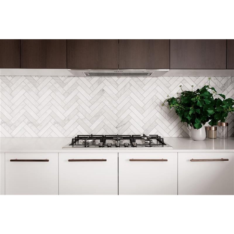 Undermount rangehood above a gas cooktop in a modern kitchen setting