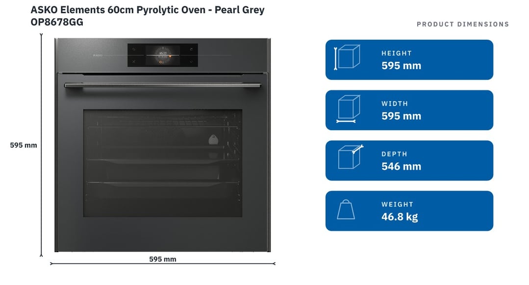 ASKO Elements 60cm Pyrolytic Oven - Pearl Grey OP8678GG — product dimensions