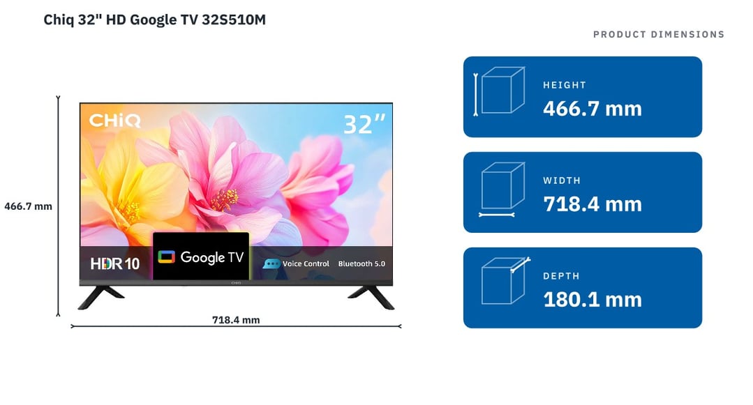Chiq 32" HD Google TV 32S510M — product dimensions