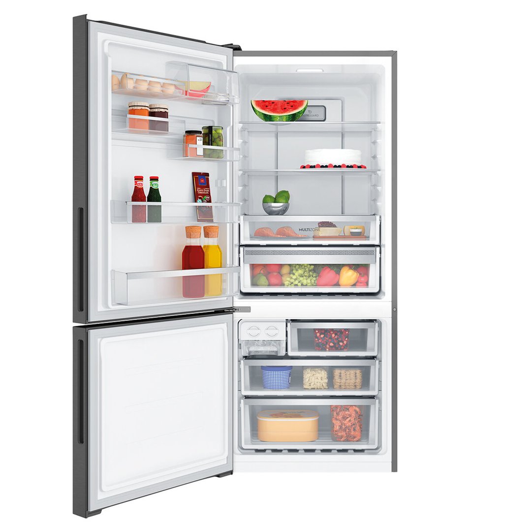 Open matte black bottom freezer fridge filled with food items