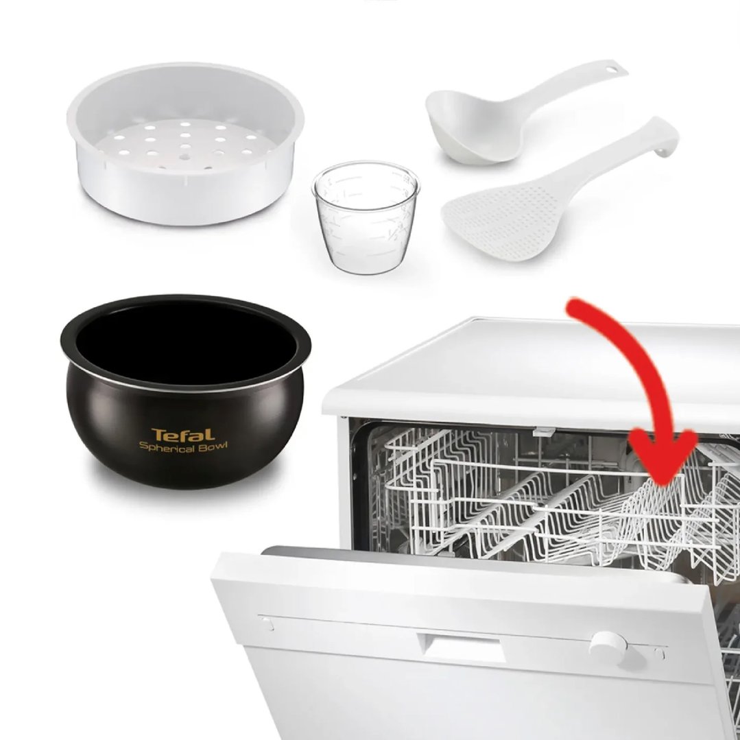 Tefal rice cooker accessories and bowl with a dishwasher in the background
