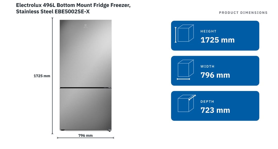 Electrolux 496L Bottom Mount Fridge Freezer, Stainless Steel EBE5002SE-X
