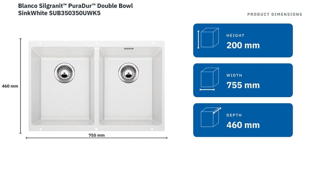 Blanco Silgranit™ PuraDur™ Double Bowl SinkWhite SUB350350UWK5 — product dimensions