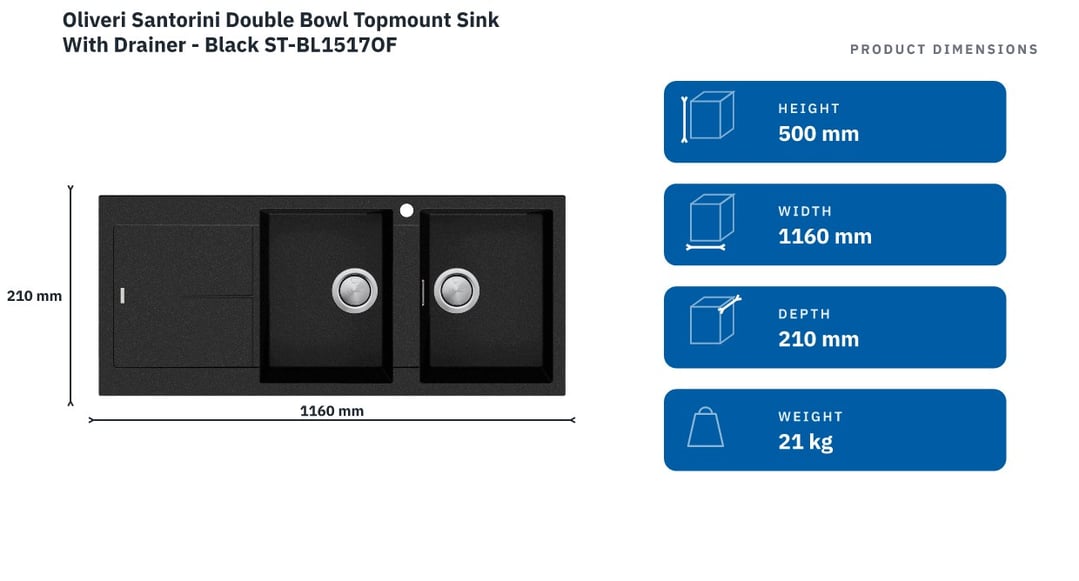 Oliveri Santorini Double Bowl Topmount Sink With Drainer - Black ST-BL1517OF — product dimensions