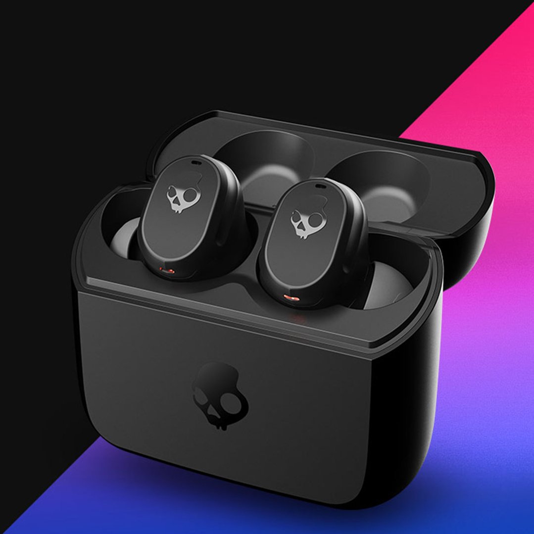 Black Skullcandy MOD True Wireless Earbuds in charging case on a gradient background