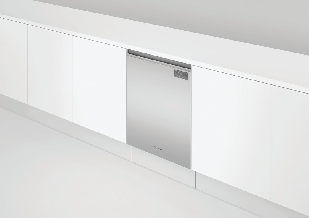 Stainless steel built-under dishwasher integrated into a modern white kitchen cabinet