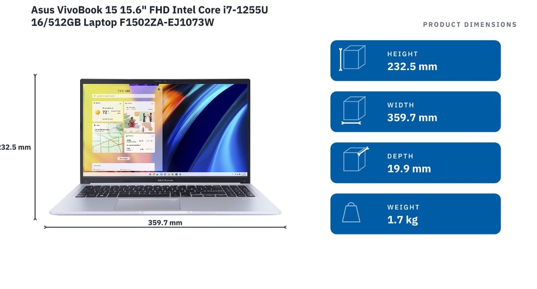 Asus VivoBook 15 15.6" FHD Intel Core i7-1255U 16/512GB Laptop F1502ZA-EJ1073W — product dimensions