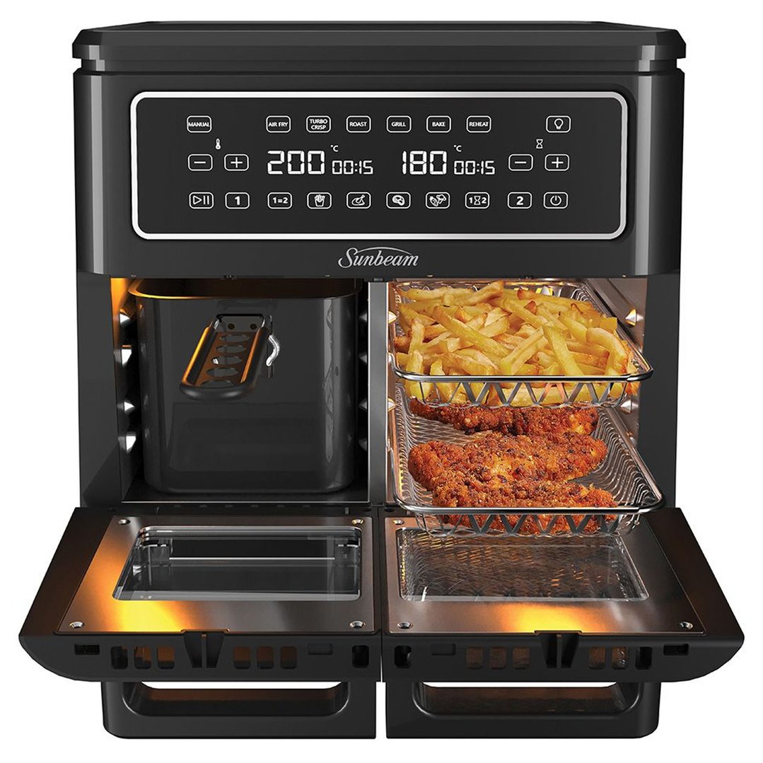 Sunbeam Multi Zone Air Fryer Oven with fries and chicken inside