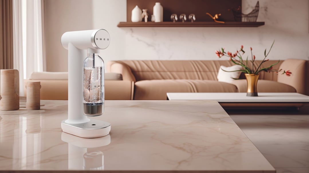 SMEG soda maker on a marble countertop in a living room setting