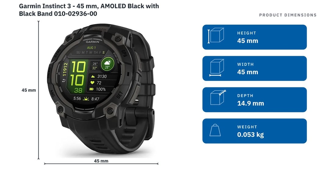Garmin Instinct 3 - 45 mm, AMOLED Black with Black Band 010-02936-00 — product dimensions