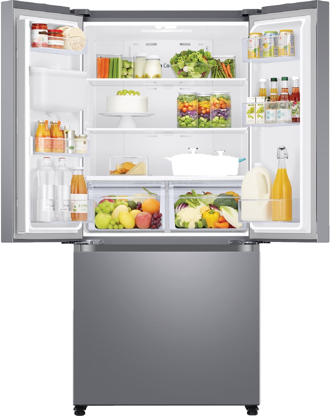 Open French door refrigerator filled with food and drinks in a kitchen setting
