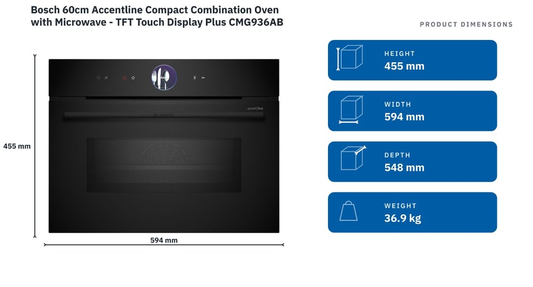 Bosch 60cm Accentline Compact Combination Oven with Microwave - TFT Touch Display Plus CMG936AB1A — product dimensions