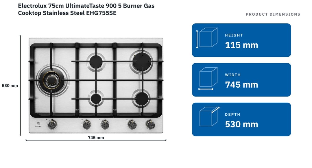 Electrolux 75cm UltimateTaste 900 5 Burner Gas Cooktop Stainless Steel EHG755SE