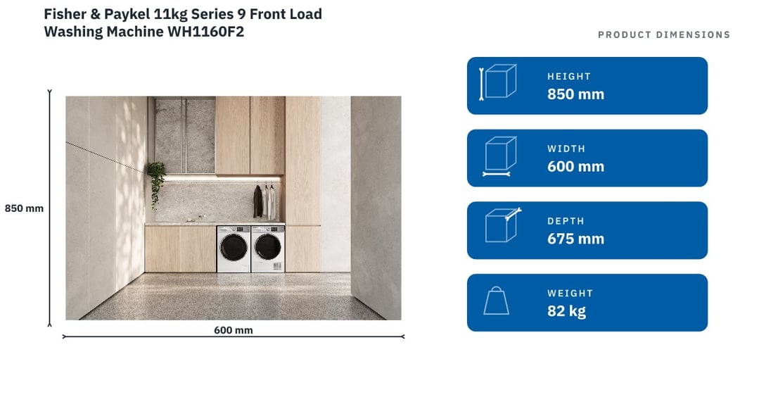 Fisher & Paykel 11kg Series 9 Front Load Washing Machine WH1160F2 — product dimensions