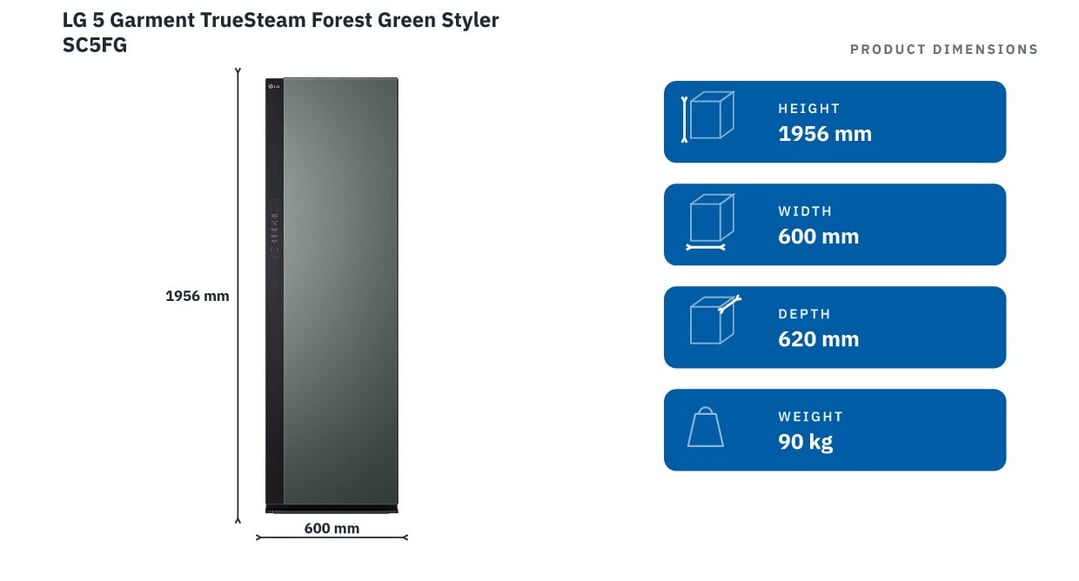 LG 5 Garment TrueSteam Forest Green Styler SC5FG — product dimensions