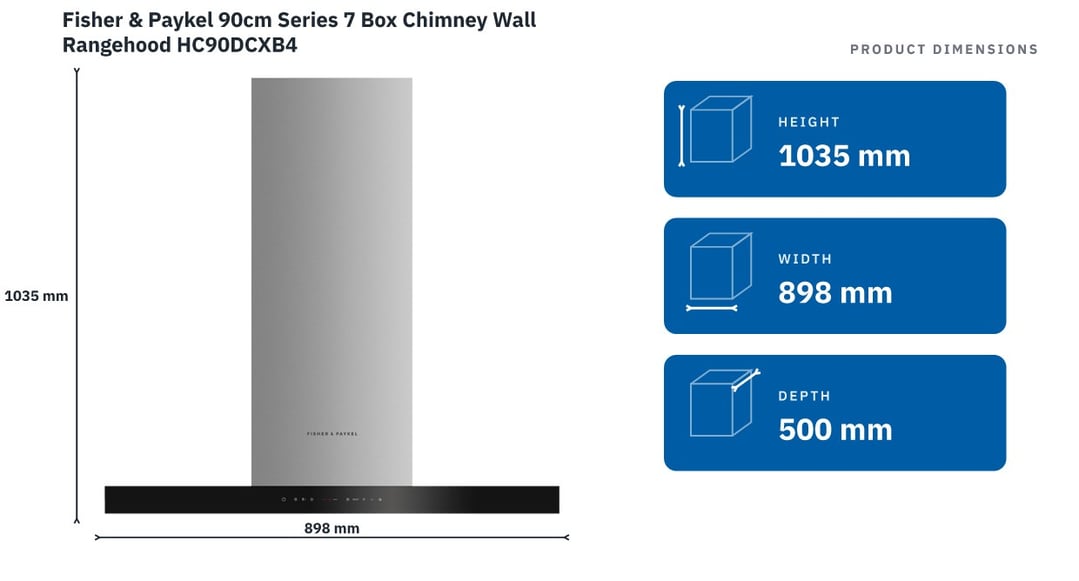 Fisher & Paykel 90cm Series 7 Box Chimney Wall Rangehood HC90DCXB4 — product dimensions