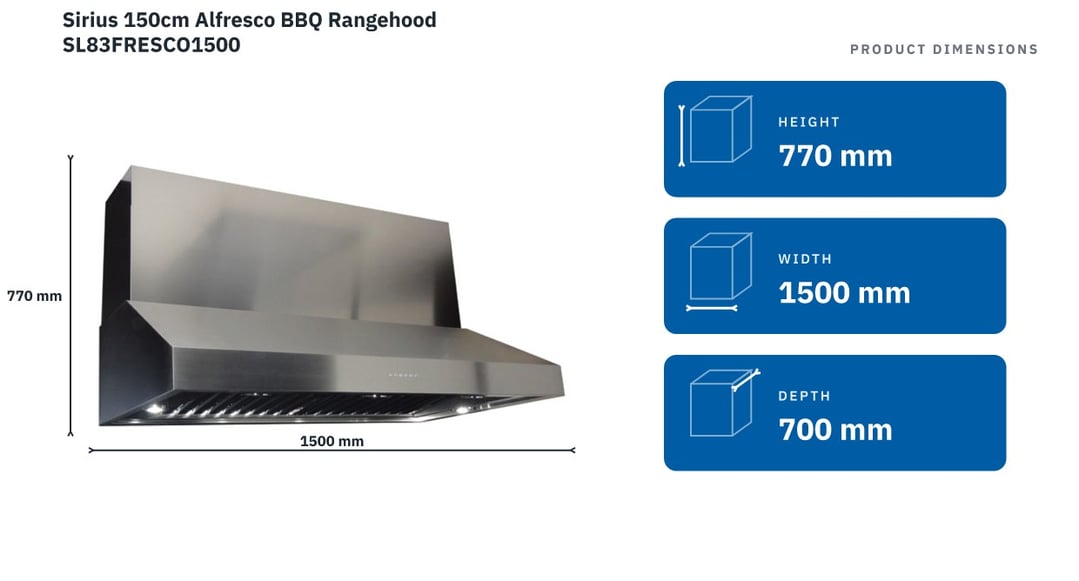 Sirius 150cm Alfresco BBQ Rangehood SL83FRESCO1500 — product dimensions