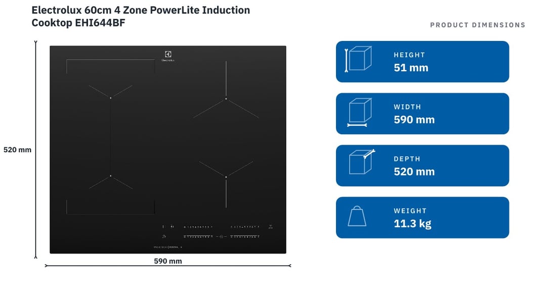 Electrolux 60cm 4 Zone PowerLite Induction Cooktop EHI644BF — product dimensions
